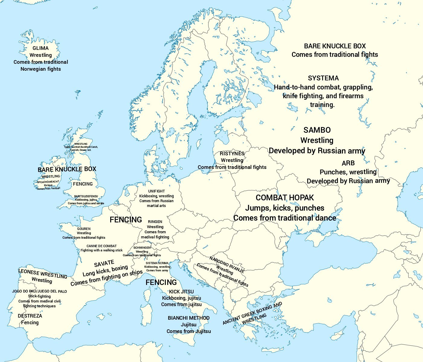European martial arts origins map